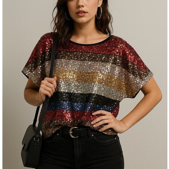 GAP Sequin Striped Boxy Fit Top - Picture 1 of 8